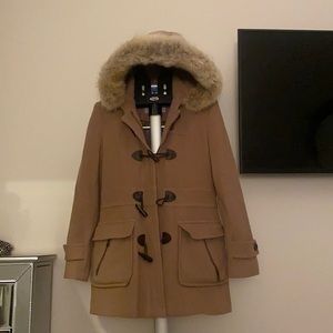 Camel wool coat with real fur on hood
